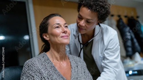 A smiling woman is receiving a warm, caring consultation from a doctor in a clinic, reflecting the genuine connection and trust of patient and healthcare professional.