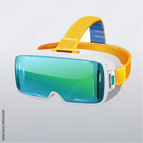 Illustration of a virtual reality headset with yellow straps and green lenses on a light gray background.
