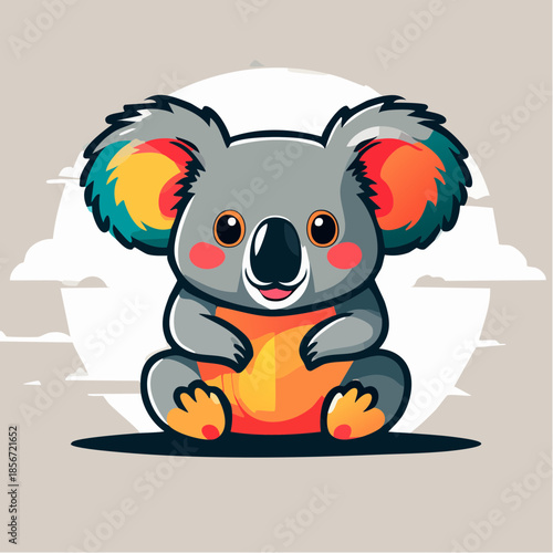 A cartoon koala bear with big eyes and a cute smile sits in front of a white circle.