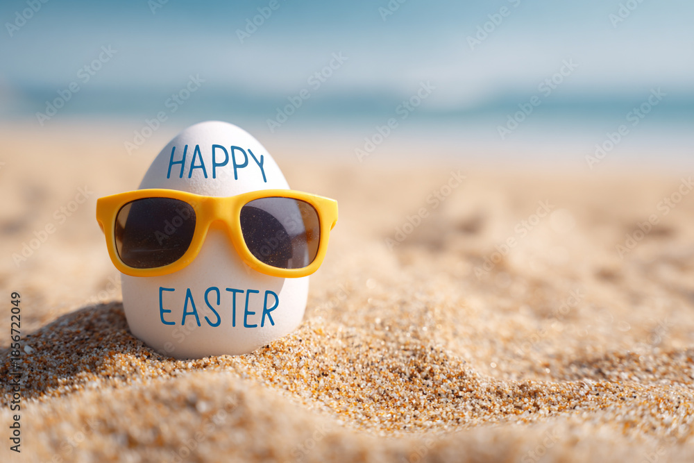 Obraz premium A festive Easter egg wearing sunglasses rests on a sandy beach with the ocean in the background