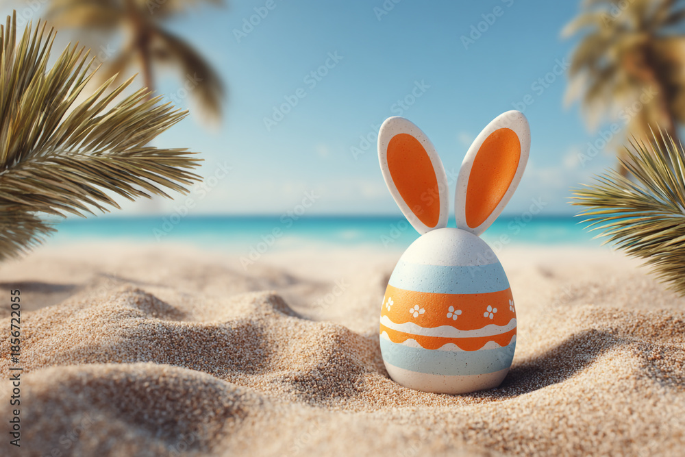 Obraz premium Festive Easter egg with bunny ears sits on a sandy beach near palm trees and the ocean