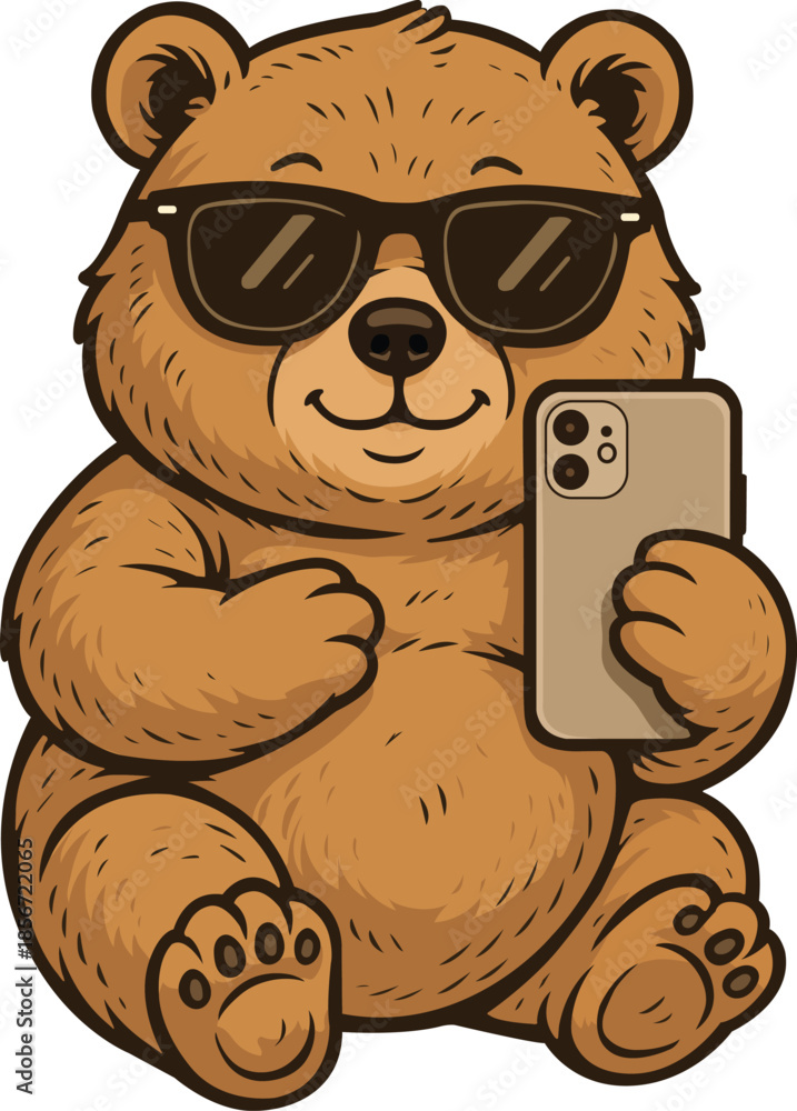 Naklejka premium Cute Chubby Bear Cartoon Vector with Sunglasses Taking Selfie. A fun and cool chubby bear cartoon character wearing black sunglasses. It is sitting down and taking a selfie with a smartphone.