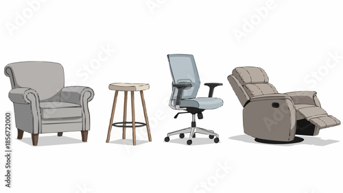 Modern furniture arrangement featuring armchair, stool, office chair, and recliner in a minimalist setting