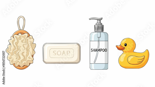 Bath time essentials including a sponge, soap, shampoo, and rubber duck are arranged neatly on a clean surface.