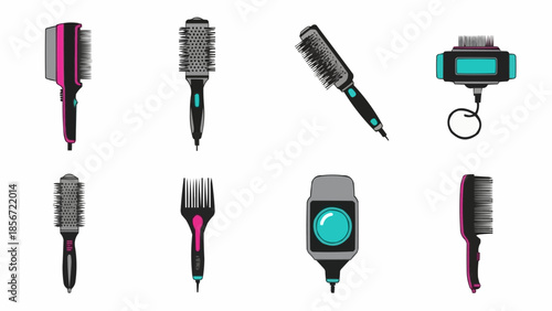 Collection of various styling tools and hairbrushes on a white background, showcasing different designs and functionalities from multiple viewpoints