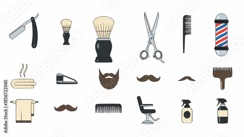 Illustration of barber tools and accessories arranged neatly showcasing various grooming items