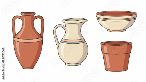 Ancient clay vessels and ceramic pots displayed in a graphic illustration from a straightforward viewpoint