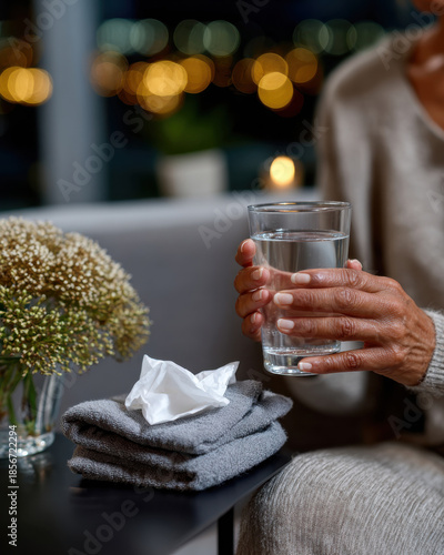 This image portrays a woman comfortably seated at home, holding a glass of water while tissues are nearby, symbolizing care and attention during a quiet moment.