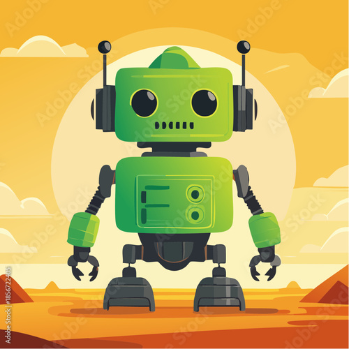 A green robot standing in a desert landscape with a large sun in the background.