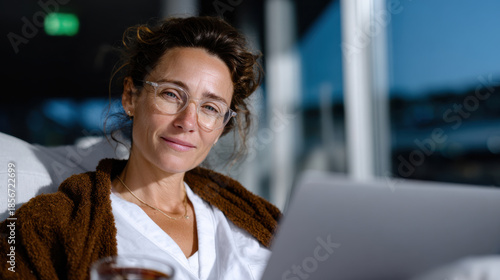 A reflective woman relaxes with a warm drink, capturing the essence of leisure at home while engaging with her laptop in a calming environment.
