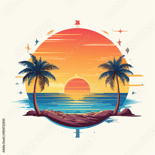Wallpaper Mural A vibrant illustration of a tropical beach scene at sunset with palm trees. Torontodigital.ca