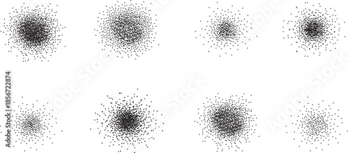 Set of abstract black and white halftone dot explosions and grainy particle spots. Radial noise textures with scattered dots, perfect for abstract backgrounds, overlays, grunge design, modern graphics