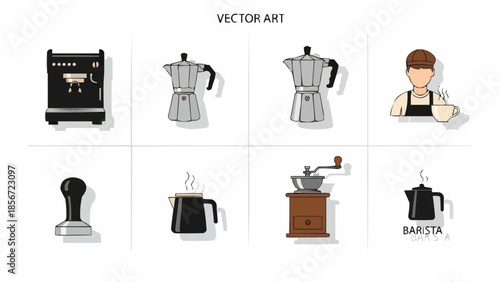 A barista is preparing coffee with various kitchen appliances and aprons in a modern kitchen setting from a top-down viewpoint