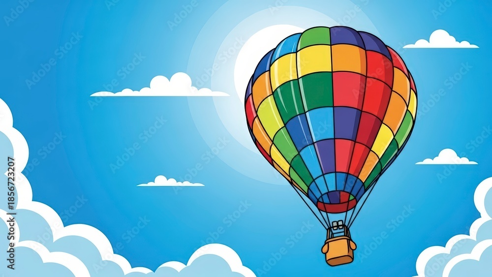 Obraz premium Colorful Hot Air Balloon Floating in a Bright Blue Sky with Clouds.