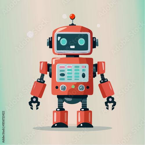 A charming red robot with a screen face and button details stands against a soft gradient background.