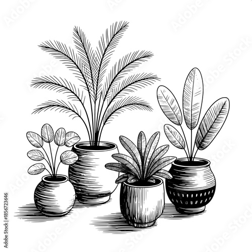 Minimalist botanical ink drawing featuring four distinct houseplants with feathery fronds and rounded leaves in varied ceramic pots with unique textures and subtle patterns, intricately cross-hatched 