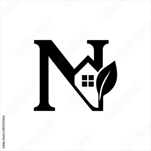 Elegant initial N logo incorporating a stylized house with a vibrant leaf, perfect for real estate, home services, or eco-friendly property ventures