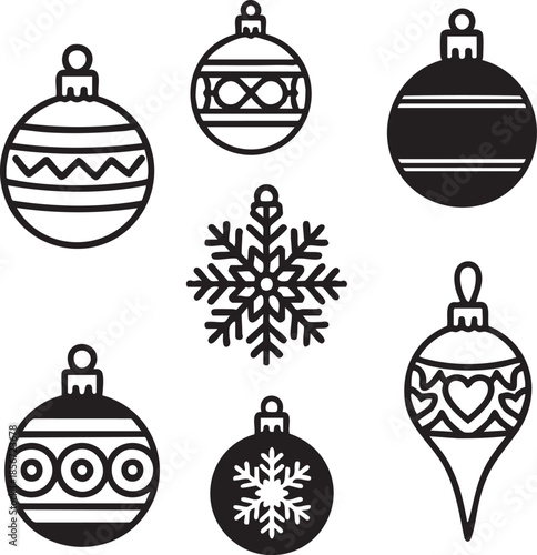 geometric ornaments, abstract Christmas ornaments, Christmas tree decorations, black and white minimalist holiday ornaments, simple line drawing of baubles,.eps