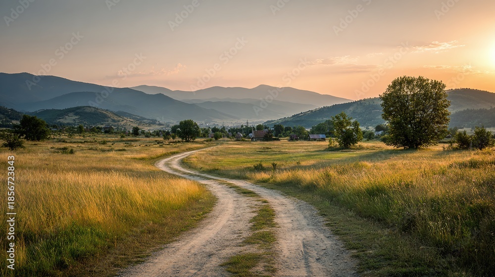 Fototapeta premium Rural road winding through golden fields toward distant mountains at sunset. Serene landscape with warm light, inviting exploration & a glimpse of untouched nature's beauty.