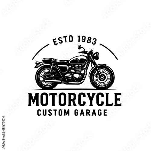 Vintage motorcycle emblem design for a custom garage, showcasing a classic bike established in 1983, ideal for repair shop branding or a rider's club