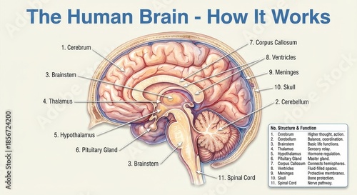 Educational Diagram Of Brain Structures, Illustration Displaying Various Brain Components And Regions