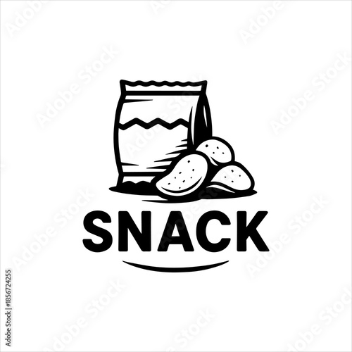 A stylized black and white illustration features a bag of chips and three potato chips, perfect for food and snack-related branding
