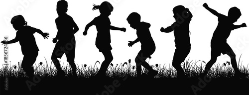Collection of black silhouettes featuring active children, mothers, dogs, and cats isolated on white background for family and veterinary design.