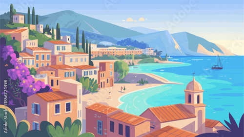 Vibrant illustration of a Mediterranean seaside town with colorful hillside buildings, turquoise bay, cypress trees, and sunny coastal atmosphere