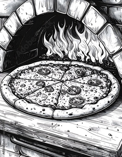 Pizza baking in a stone oven, monochrome detailed illustration
