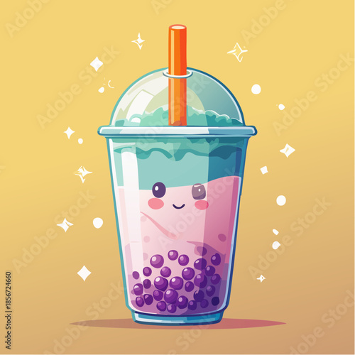 A cute cartoon boba tea with a smiling face and purple tapioca pearls.