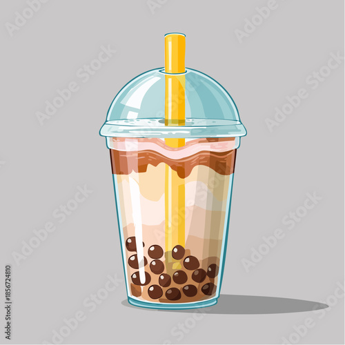 Illustration of a bubble tea drink with tapioca pearls in a plastic cup.