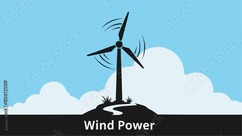 Wind turbine rotating on a hilltop against a cloudy sky