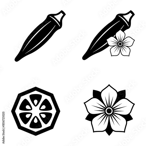 Set of okra illustrations including a flower and sliced okra