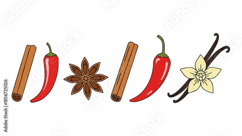 Assorted spices and ingredients arranged in a row on a white background