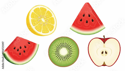 Assorted fresh fruits including watermelon, orange, kiwi, and apple displayed on a clean white background