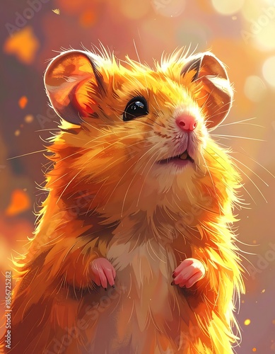 Portrait of an adorable, fluffy golden hamster with big ears looking upwards in a warm, sunny, blurry background