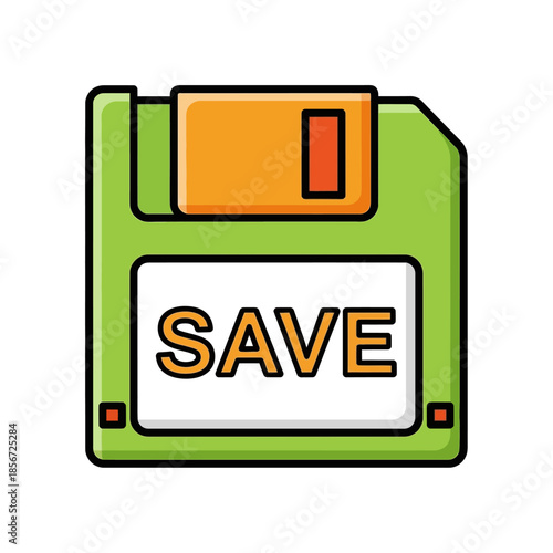 Green Retro Floppy Disk Icon with "SAVE" Text - Data Storage Symbol