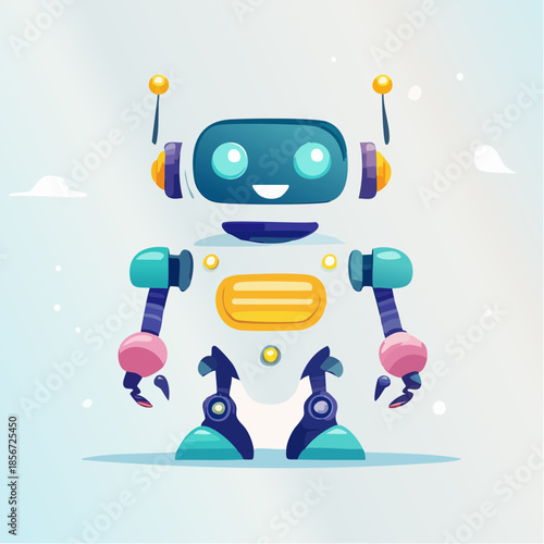 Cartoon robot with a friendly smile and colorful design, standing against a soft background.