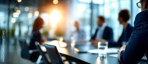 Blurred image of business meeting in modern office heavily defocused professional team discussion background around conference table in corporate environment workplace