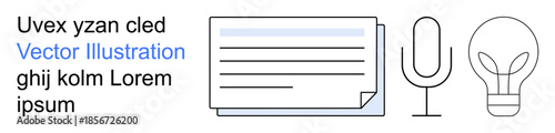 Creative design, media production, innovation, content creation, communication, idea generation. Minimal line drawings of a document, microphone and lightbulb. Creativity and communication concept