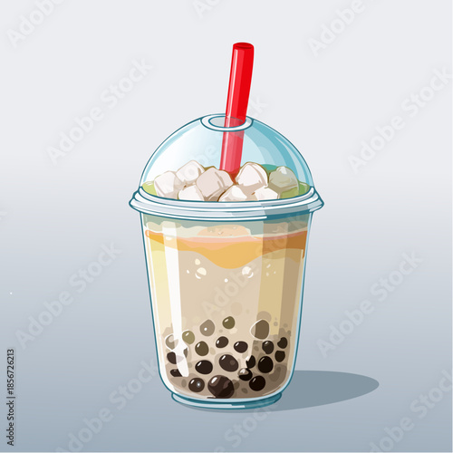 Cartoon illustration of a bubble tea drink with tapioca pearls and a red straw.