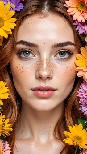 Portrait of a freckled, fair-skinned woman surrounded by bright daisies and other colorful blossoms