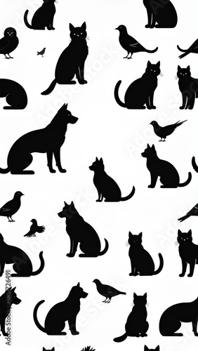 Seamless Black Cat and Bird Silhouette Pattern on White Background