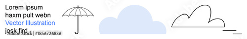 Weather, protection, climate, minimalism, simplicity, design. A thin-lined umbrella, a pastel cloud and another outlined cloud are displayed. Weather and protection concepts with minimalist design