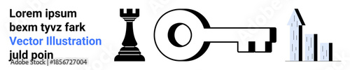 Business strategy, key solutions, growth planning, investment, success indicators, financial analytics. Chess rook, key and bar graph. Business strategy and growth planning ideas