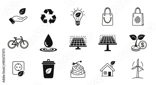 Eco-friendly icons representing sustainability, renewable energy, and environmental responsibility for a greener future and conscious living