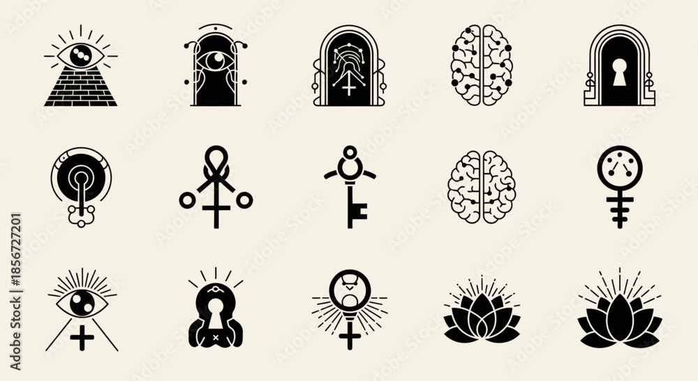 Εκτύπωση καμβά Mystical modern iconography collection featuring esoteric symbols, keys, brains,