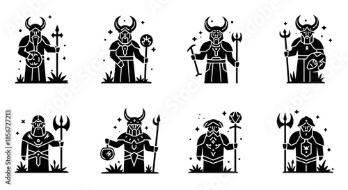 Stunning collection of Norse gods and mythological figures in a bold, modern icon style, perfect for fantasy projects and cultural designs