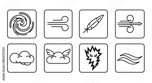 Dynamic weather icons representing wind, clouds, storms, and air movement for creative design projects and weather apps