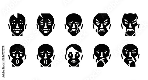 Dynamic collection of diverse facial expressions capturing joy, sadness, anger, and thoughtful contemplation for creative projects